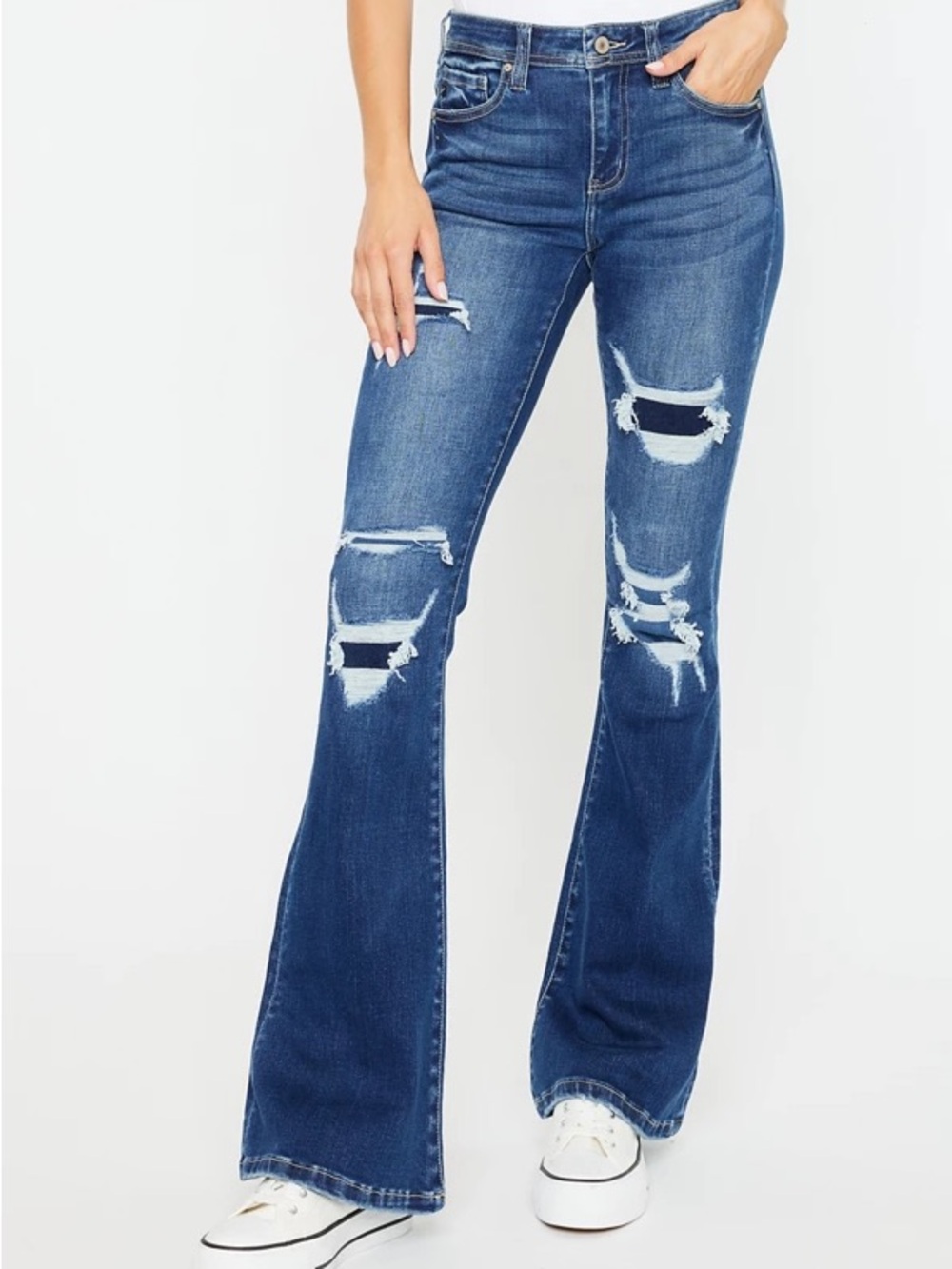 KanCan High Rise Distressed Flare Jeans Medium Wash Stretch Size 28